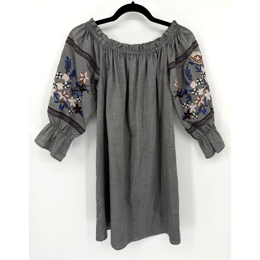Paper & Crane Peasant Dress Grey Floral Embroidery Boho‎ Puff Sleeve Tunic MED